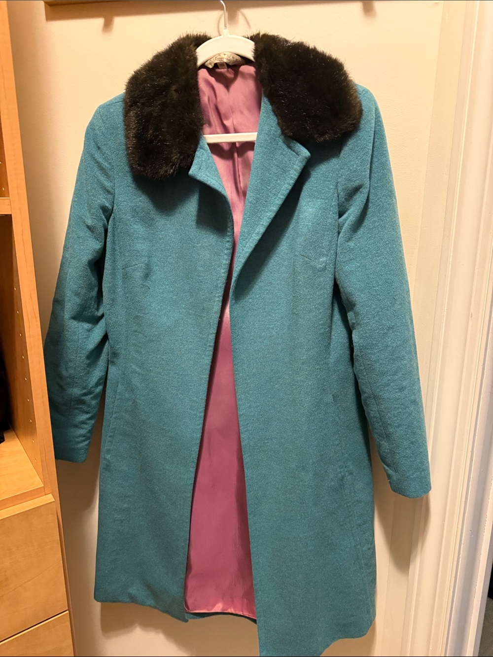 Trina Turk Teal Coat with Dark Brown Faux Fur Collar
